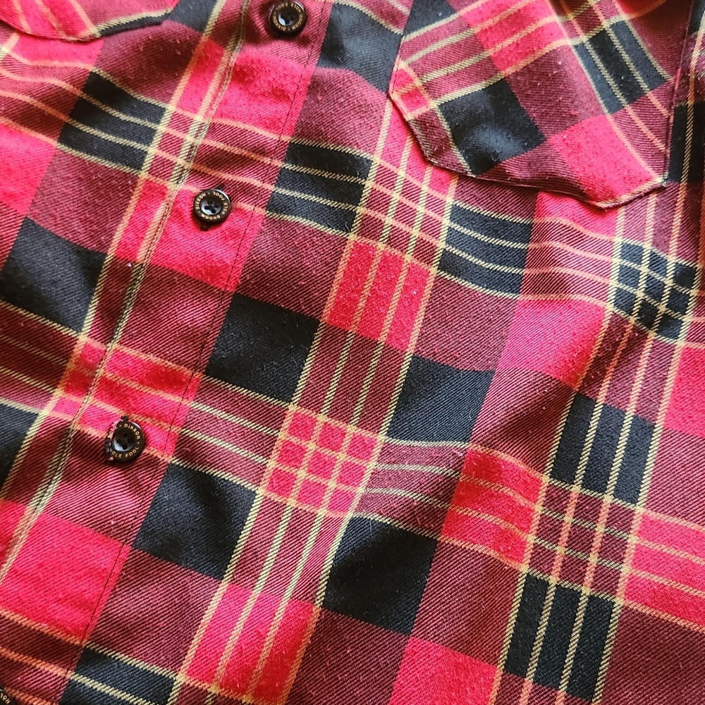 DIXXON Red and Black Plaid Casual Button-Down Shirt with Yellow Accents - Picture 2 of 4